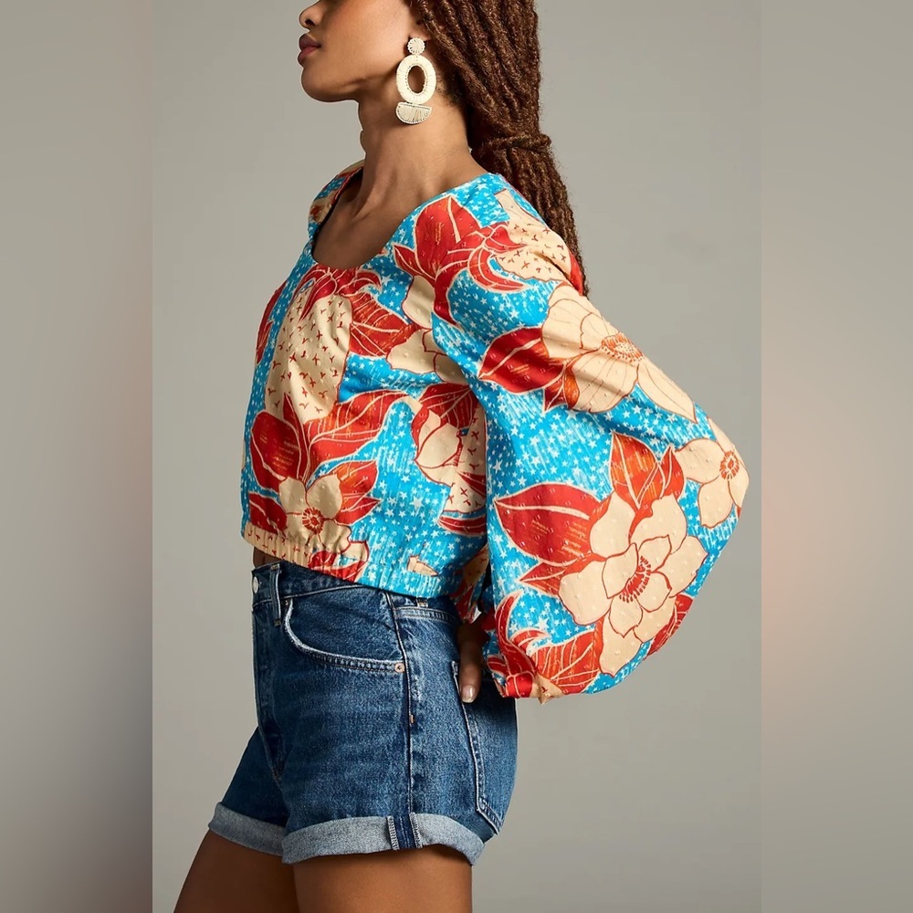 FARM Rio Blue Floral Puff-Sleeve Blouse with Red & Cream Accents - Picture 14 of 14